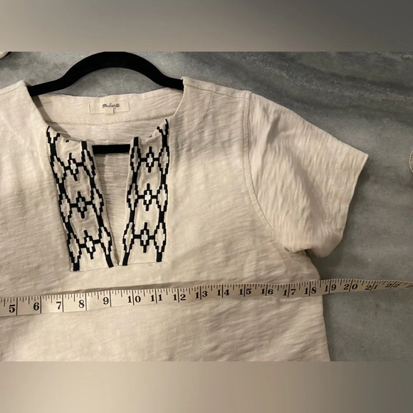 Madewell Cream Cotton Black Embroidered V Neck Short Sleeve Split Hem Top Size S - Picture 10 of 10